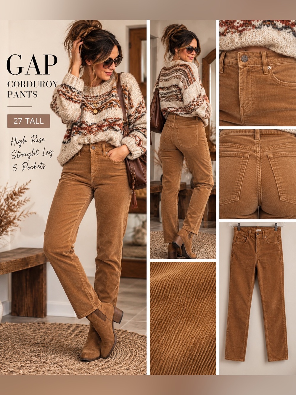 GAP High Rise Corduroy Pants Caramel Brown Size 27 Tall